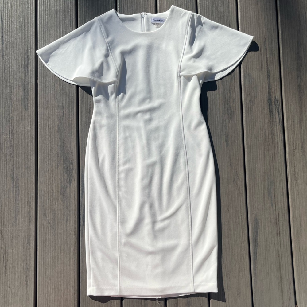 Calvin Klein; Soft Daisy White; Midi Sheath Dress; Chiffon Flutter Sleeves; US6